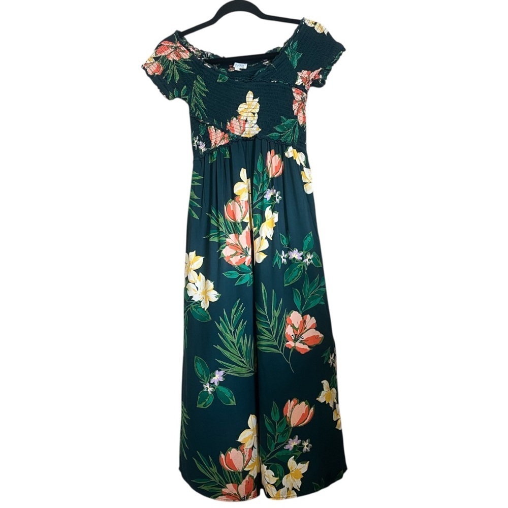Patrons Of Peace Wide Leg Cropped Jumpsuit Green Floral 100% Rayon Size XS